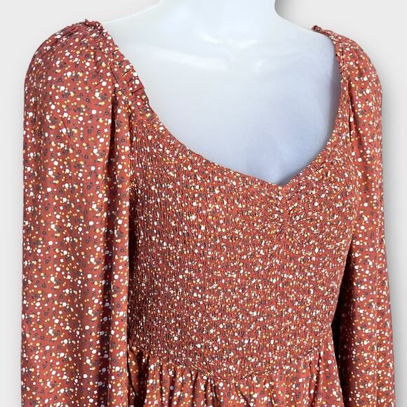 HOLLISTER rust ditsy floral smocked bodice puff sleeve boho dress size medium - Picture 3 of 8